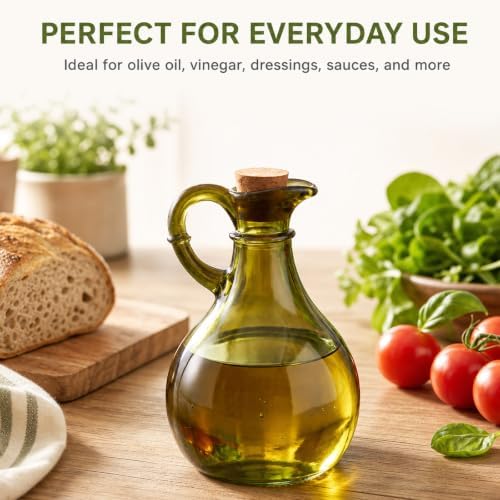 Suclain 6 Sets 12oz Glass Oil and Vinegar Cruet Set Round Oil Dispenser Olive Bottle with Airtight Stopper Salad Dressing Bottle Glass Condiment Container for Kitchen Homemade Olive Condiment(Green)