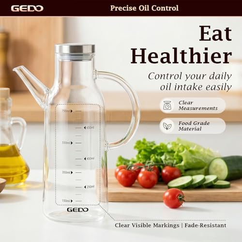 GEDO Borosilicate Glass Oil Dispenser, Eagle Beak Drip-Free Spout with Airtight Stainless Steel Lid, Measurement Markings & Ergonomic Handle, Multi-Purpose for Kitchen & Outdoor Picnic (0.79QT/750ml)