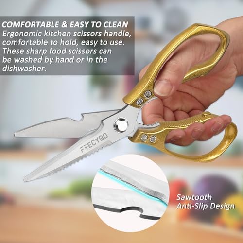 Kitchen Scissors, 2-Pack Multipurpose Kitchen Shears with Comfort Grip, Stainless Steel Cooking Scissors for Cutting Chicken, Meat, Food, Fish, Bread (Golden)