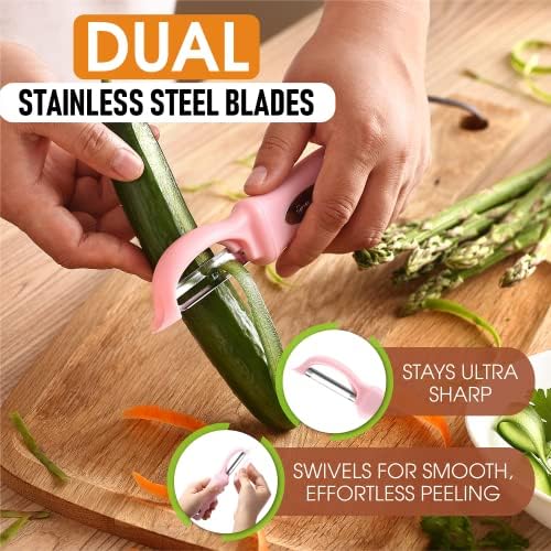 Spring Chef Stainless Steel Swivel Peeler & 4 Sided Handheld Box Grater, XL Size - 2 Product Bundle - Pink Lemonade