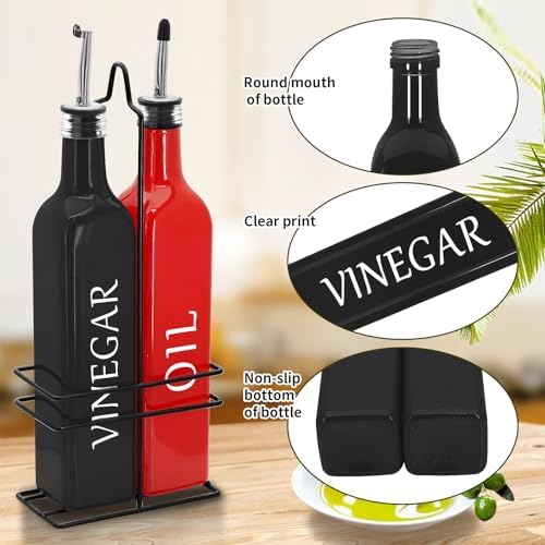 Farmhouse Oil and Vinegar Dispenser Set, 17 oz, beautiful olive oil dispenser, includes a black steel rack and a funnel, vintage cruets for vinegar and oil (Red Oil & Black Vinegar)