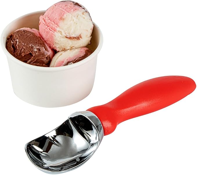 Restaurantware Comfy Grip 7.9 x 2 Inch Kitchen Ice Cream Scoop 1 Heavy-Duty Ice Cream Disher - Ergonomic PP Handle Dishwashable Red Metal Ice Cream Spade With Lid Opener Notch Multi-Use