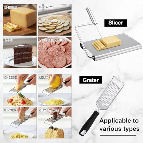 Lothee Replaceable Wire Cheese Slicer with Board and Measuring Grids and Grater Tightness Adjustable Cheese Slicers, Stainless Steel Cutter with 5 Extra Wires, Dishwasher Safe, Kitchen Gadget