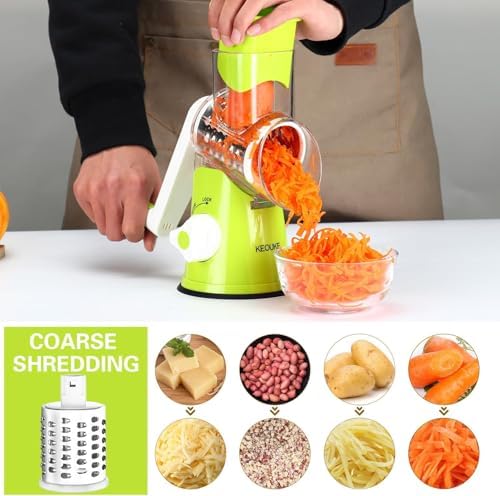 Cambom Rotary Cheese Grater Hand Crank Cheese Shredder for Fresh Cheese, Vegetable, Nuts,Non-slip Suction Base，Three Blades,Green