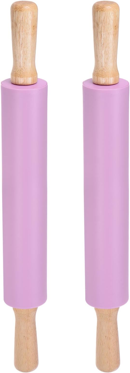 HARFINGTON 2pcs Silicone Rolling Pins for Baking 16.93 Inch Non-Stick Silicone Surface Wooden Handle Rolling Pin Small Roller Playdough Rolling Pins for Fondant Kitchen Dough Pizza, Purple