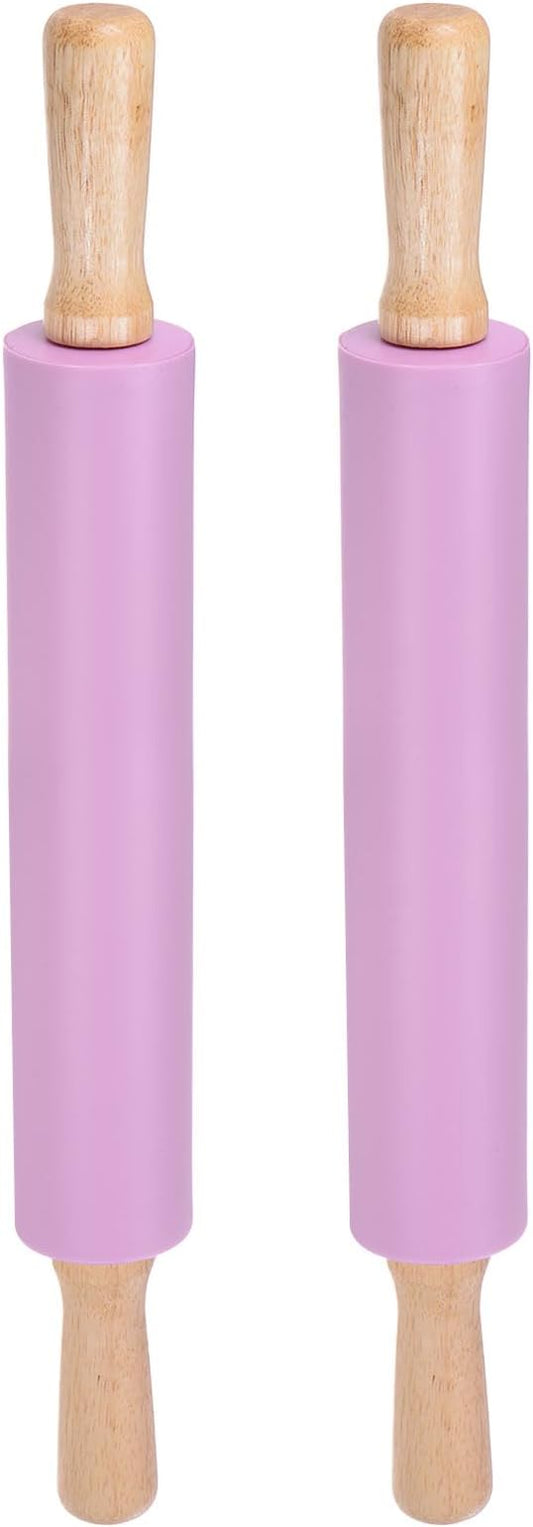HARFINGTON 2pcs Silicone Rolling Pins for Baking 16.93 Inch Non-Stick Silicone Surface Wooden Handle Rolling Pin Small Roller Playdough Rolling Pins for Fondant Kitchen Dough Pizza, Purple