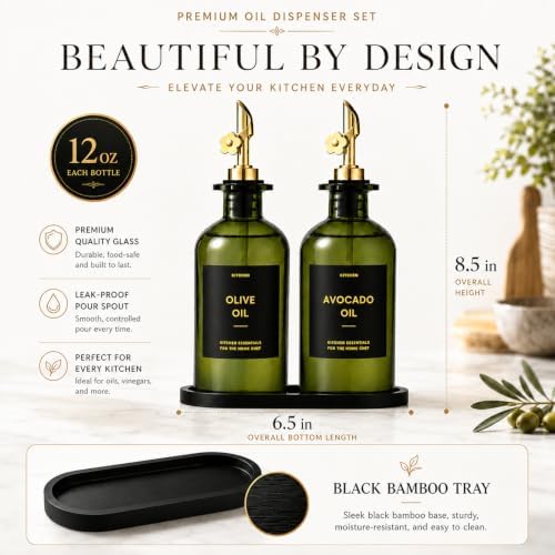 Olive Oil Dispenser for Kitchen, 2-Pack 12oz Glass Bottle with Gold Labels