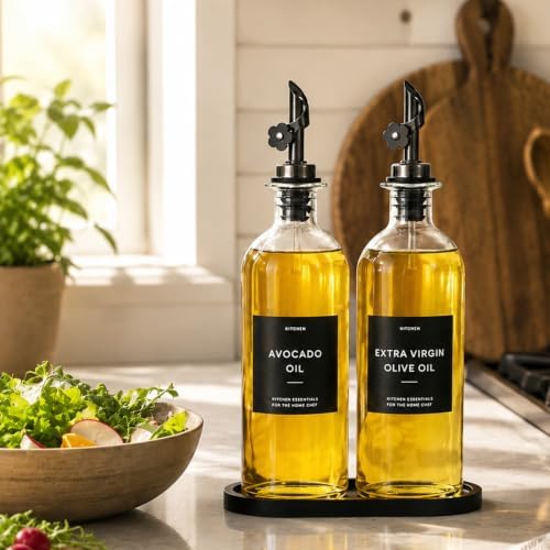 Olive Oil Dispenser for Kitchen, 2-Pack 16oz Glass Bottle with Labels