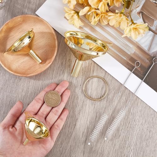 GORGECRAFT 3Pcs Small Metal Funnel Set 2.5x3in 1.9x2.2in 1.5x1.8in Golden Metal Stainless Steel Kitchen Cooking Food Grade Funnels with Cleaning Brushes for Essential Oil Spices Liquid Filling Bottles