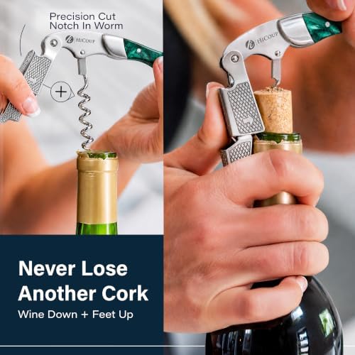 Hicoup Wine Opener - Professional Corkscrews for Wine Bottles w/Foil Cutter and Cap Remover - Manual Wine Key for Servers, Waiters, Bartenders and Home Use - Jade Resin & Steel