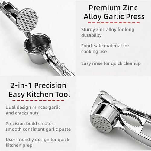 Multi-Purpose Garlic Press Nut Cracker Kitchen Tool, Large Caliber Thickened Zinc Alloy Mincer Squeezer, Precise Holes for Fine Paste, Dishwasher Safe with Peeler & Cleaning Brush (Silver - 3set)
