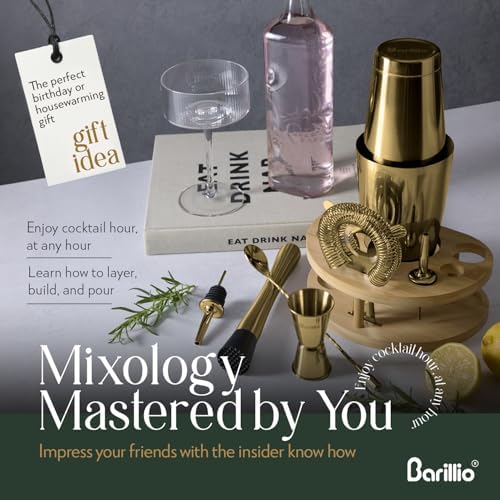 Barillio Gold Mixology Bartender Kit with Stand - Cocktail Shaker Set with Bamboo Stand, Boston Drink Shaker, Mojito Muddler, and Drink Mixer Spoon - 9-Piece Bar Tools Set - Bar Accessories for Home