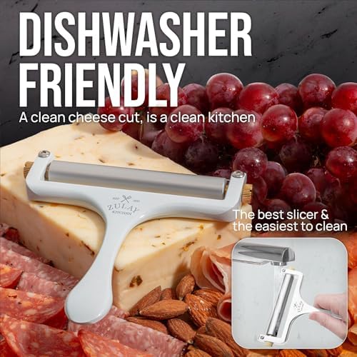 Zulay Kitchen Stainless Steel Wire Cheese Slicer - Adjustable Hand Held Cheese Cutter with 2 Extra Wires - Premium Cheese Shaver For Mozzarella, Cheddar, Gruyere - Cheese Cutter with Wire (White)