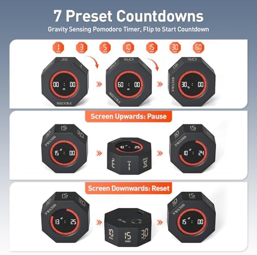 Secura Pomodoro Timer with 1/3/5/10/15/30/60 Min Presets, 3 Level Volume