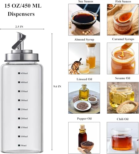 Verdental 15 oz Glass Olive Oil Dispenser Bottle for Kitchen Stainless Steel Cruet Pourer Spout for Oil Vinegar Coffee Syrup Soy Sauce Other Liquids with Non-slip Silicone Ring and Labels (450ml)