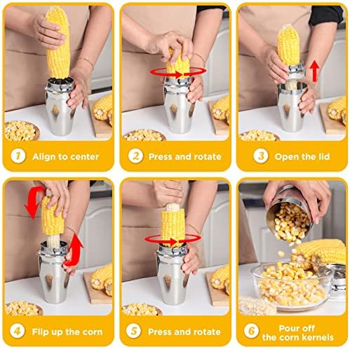 YYP Corn Cutter Peeler, Corn Cob Stripper with Cup [No Splatters or Mess], 304 Stainless Steel Corn on the Cob Remover Kitchen Tool, Corn Kernel Shucker Separator Slicer with Serrated Sharp Blade