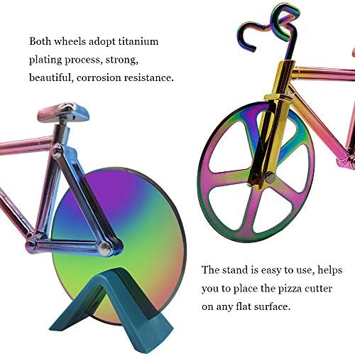 Bicycle Pizza Cutter Wheel, Supuca Stainless Steel Bike Pizza Slicer with BBQ Brush and Stand, Non-Stick Dual Cutting Wheels - Cool Kitchen Gadget Gift