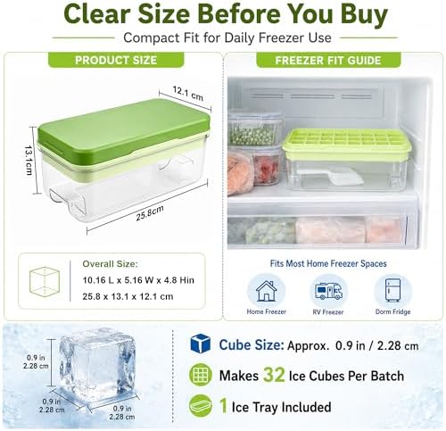 Ice Cube Tray with Lid and Bin - 32-Cube BPA-Free Silicone Ice Mold Set - Easy Press-Release, Compact Single-Layer Design, No-Spill, Odor-Resistant, Ice Scoop Included - Perfect for Freezers, RVs