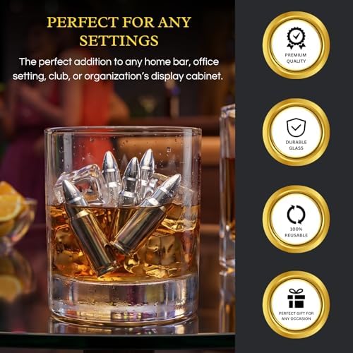 Bullet Whiskey Chillers Stones - Whiskey Rocks by The Wine Savant Set of 6 - Stainless Steel Bullet Shaped Ice Cubes, Gift Box Come, Tongs and Storage Bag, Whiskey or Scotch Rocks (Silver)