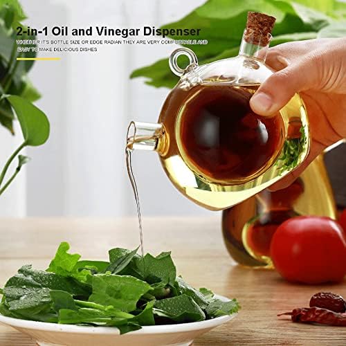 2 in 1 Oil and Vinegar Dispenser Cruet Bottle, Kitchen Supplies Glass Olive Oil and Balsamic Vinegar Cruet Bottle with Cork Stoppers, Hand-blown Glass Jar (Ball Shape)