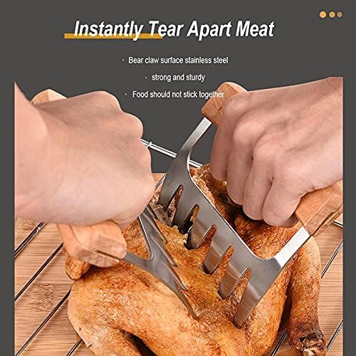 Metal Meat Claws Bear Claws Wooden Handle Stainless Steel Meat Forks Kitchen Gadgets for Shredding,Pulling,Turkey,Chicken, Stainless steel Silver