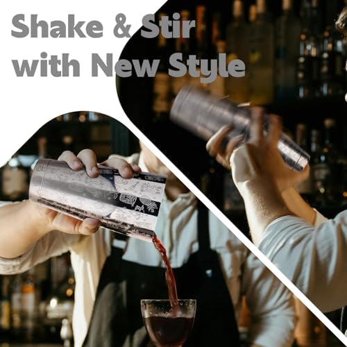 Boston Cocktail Shaker Etched Set, Jigger Spoon 17/24oz Sliver