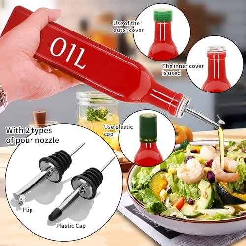 Olive Oil Dispenser Bottle,2 Pcs 17oz 500ml Glass O il and Vinegar Dispenser Set with 2 Stainless Steel Pourers, 8 Labels,Funnel Vinegar Bottles for Kitchen (Red)