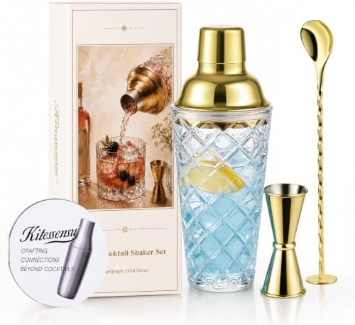 Kitessensu 14oz Glass Cocktail Shaker Set, Champagne Gold, Leak Proof