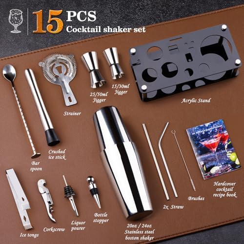 Wukuna Cocktail Shaker Bartender Kit, 15 Pcs Bar Tool with Acrylic Stand