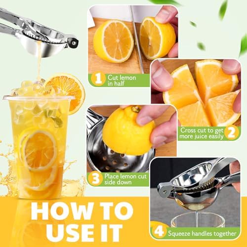 Lemon Squeezer Large, Lemon Squeezer Juicer Stainless Steel, Heavy Duty Manual Citrus Juicer Hand Press, Kitchen Tools Lime Squeezer Bar Tool, Easy to Clean Metal Lemon Hand Press
