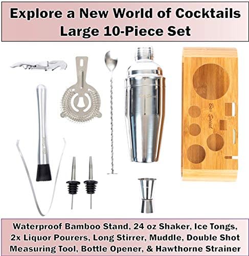 Professional Bartender Cocktail Kit - Bartender Accessories Tools for Drinks - Set of 10 Bar Mixer Set - Complete Cocktail Mixing Set with Natural Bamboo Stand - Drink Making Kit