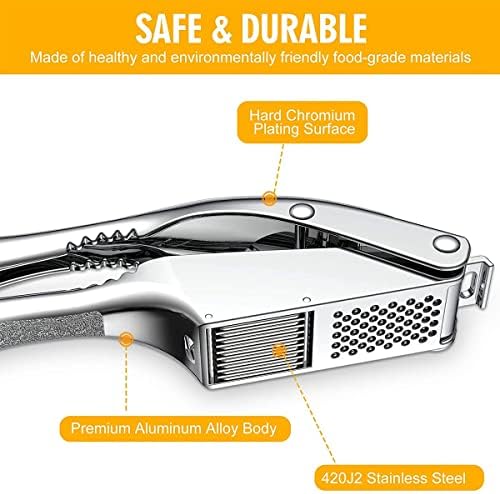 2-in-1 Garlic Press Stainless Steel Garlic Slicer, Silver Garlic Mincer Handheld Garlic Crusher, Easy to Clean and Squeeze Garlic Masher, Dishwasher Safe