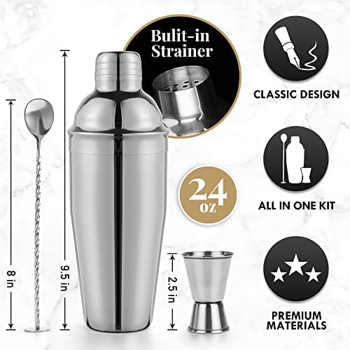 Premium Mixology Cocktail Shaker Set | 4 Piece Bar Tool Set, Silver Bar Set Cocktail Shaker Set for Drink Mixing - Includes Martini Shaker, Jigger, Bar Mixer Spoon + Free Cocktail Recipes | Gift Idea