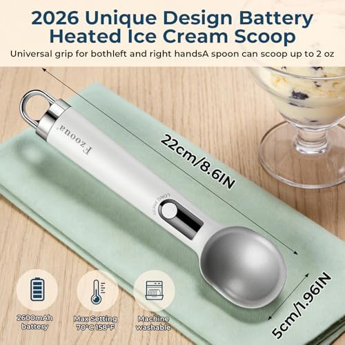 Heated Ice Cream Scoop, Dishwasher Safe,Rechargeable Electric Warming Scooper, ON/OFF Safety Lock Switch,Heats to 158F, Kitchen Tool Nonstick Scooper for Gelato, Frozen & More