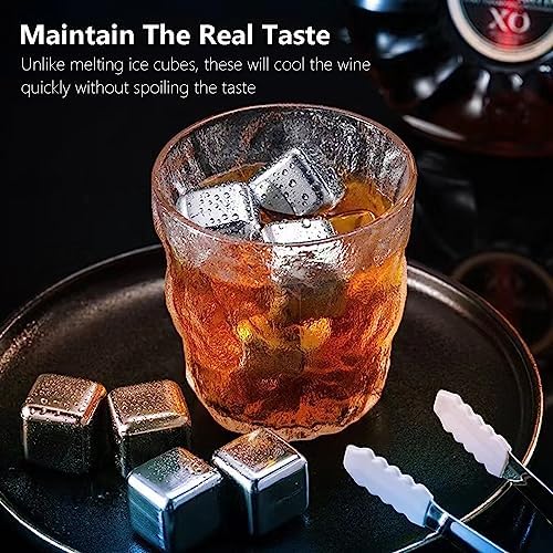 8-Pack Whiskey Metal Ice Cubes, Stainless Steel Ice Cubes, Reusable Whiskey Stones for Scotch and Bourbon, Barware Tool Set With Ice Tongs, Freezer Storage Tray and Disposable Ice Cube Bags