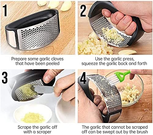 Garlic Press Rocker, Kitchen Stainless Steel Garlic Mincer Crusher, Professional Heavy Soft-Handled Crush Garlic, Garlic Mincer Crusher, Silicone Garlic Peeler, Rust Proof, Black