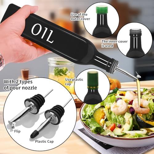 Olive Oil Dispenser Bottle,2 Pcs 17oz 500ml Glass O il and Vinegar Dispenser Set with 2 Stainless Steel Pourers, 8 Labels,Funnel Vinegar Bottles for Kitchen (Black Oil & White Vinegar)