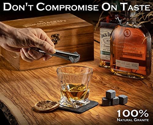 Mixology Whiskey Stones Gift Set for Men - Pack of 2, 10 oz Whiskey Glasses w/ 8 Granite Chilling Rocks, 2 Coasters, Metal Tong & Cocktail Cards in Wooden Box - Twist