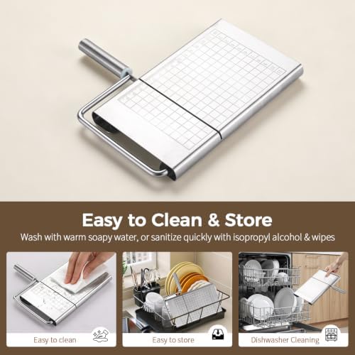 Cheese Slicer, Multipurpose Stainless Steel Cheese Cutter, Professional Upgrade with Sharp Blade & Engraved Measuring Scale Board for Block Cheese, Butter, Ham, Sausages Baking Gadget
