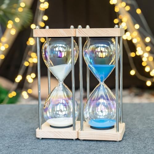 Large 60-Minute Hourglass Sand Timer,Pastel Macaron Glass & Natural Oak Wood Base, Modern Minimalist Office Home Desktop Decor (Macaron White)