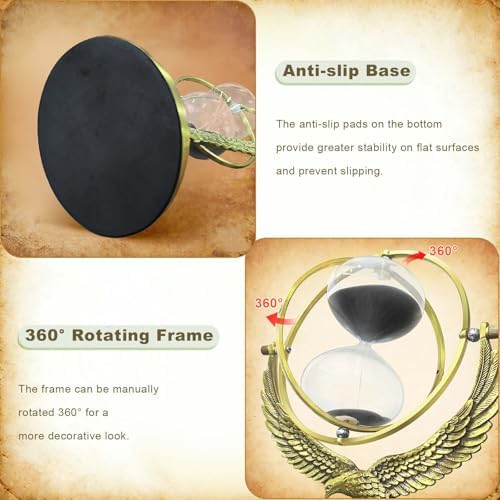 SuLiao Sand Timer Hourglass, 1 Hour Rotating Eagle Hour Glass, 60 Min Large Black Sand Clock, 60 Minute Unique Brass Sandglass, 1 hr Metal Decorative Reloj De Arena, Home, Desk, Office