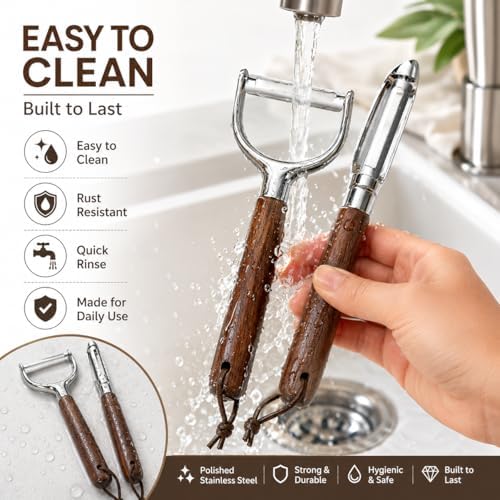 Premium 2-Piece Vegetable Peeler Set – Y & Straight Peeler with Walnut Handle, Stainless Steel Multifunctional Kitchen Tool for Potato, Carrot & Fruit Peeling