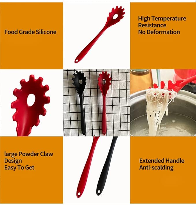 Silicone Pasta Fork (11.5"), High Heat Resistant to 480°F, Hygienic One Piece Design, Spaghetti Strainer & Server Spoon Pasta Forks (Black)