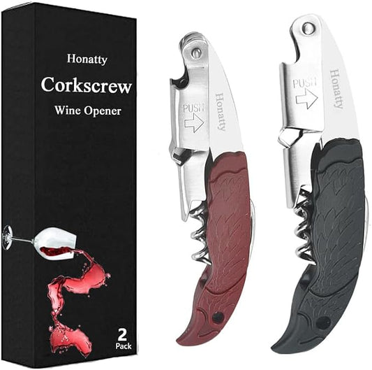 Waiter Corkscrew Wine Opener Manual | 2 Pack Professional Honatty 3-in-1 Heavy Duty Double Hinged Wine Key with Foil Cutter & Beer Bottle Opener for Servers, Bartenders & Home Use