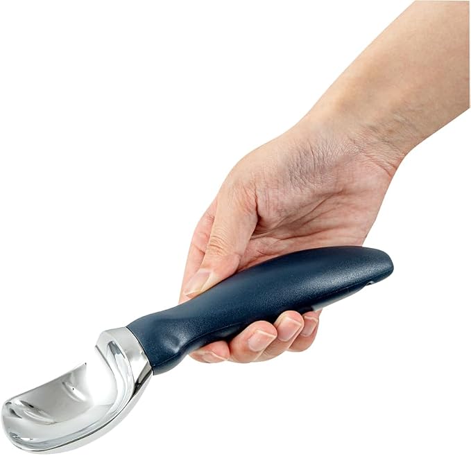 Restaurantware Comfy Grip 7.9 x 2 Inch Kitchen Ice Cream Scoop 1 Heavy-Duty Ice Cream Disher - Ergonomic PP Handle Dishwashable Navy Blue Metal Ice Cream Spade With Lid Opener Notch Multi-Use