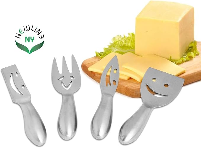 Stainless Steel 4 Pieces Smiling Faces Cheese Knife Set: Hard and Soft Cheese Knives, Serving Fork & Cheese Spreader