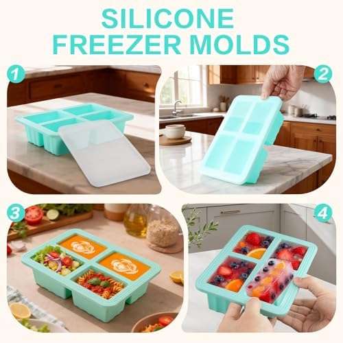 2 Pack Silicone Soup Freezer Molds with Lids, 1 Cup Silicone Freezing Soup Container, Ice Cube Trays for Freezer, Freeze Broth,Sauce,Leftovers, 250mL /125mL Portions, Green