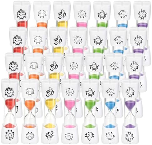 28PCS Brushing Teeth Timer Set, 7 Colors Colorful Hourglass Sand Clock, 2mins Cute Friuts Face Kids Toothbrush Sand Timers for Classroom Games Home Office Kitchen Cooking Decoration