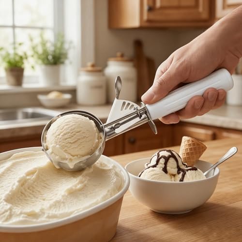 TOPKITCHEN Commercial-Grade Ice Cream Scoop 5.33 oz, 18/8 Stainless Steel Cookie Scoop with Plastic Handle, Portion Control Disher Scoop for Bakeries,Restaurants & Dessert Shops, #6, White