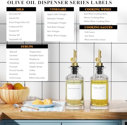 2 Pack Olive Oil Dispensers Bottle for Kitchen, Glass Cooking Oil Dispenser, Oil and Vinegar Dispenser Set with Weighted Pourer and 40 Labels, Gold 12 oz